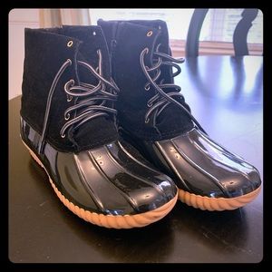 Black Patent Leather & Suede Rain Boots